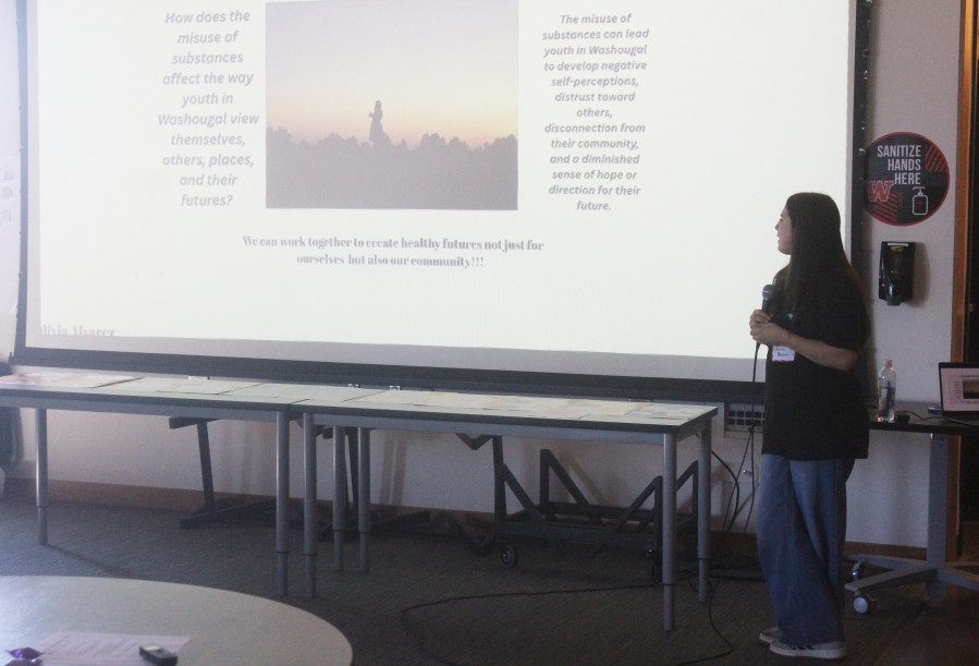 Washougal High School rising sophomore Olivia Alvarez speaks during a community town hall, presented by the Unite! Washougal Community Coalition, at Washougal High School on June 30. (Doug Flanagan/Post-Record)