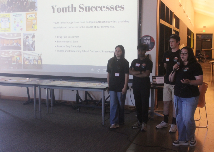 From left, Washougal High School students Olivia Alvarez, Nethuka Hiddoga Gamage, Hunter Hardin and Joselyn Guajardo speak during a community town hall presented by the Unite! Washougal Community Coalition at Washougal High School on June 30. (Photos by Doug Flanagan/Post-Record)