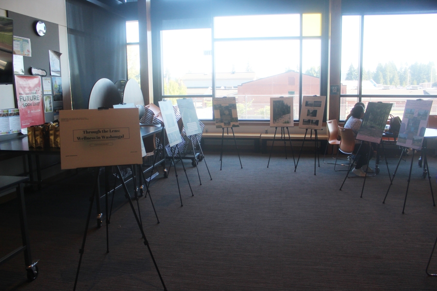 Washougal High School Ambassadors’ photovoice projects are displayed during a community town hall presented by Unite! Washougal Community Coalition at Washougal High School on June 30. (Doug Flanagan/Post-Record)