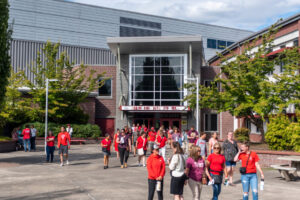 Camas Education Association members walk out of Camas High School on Sept. 7, 2023, after voting to approve a new contract with the Camas School District. (Taylor Balkom/The Columbian files)