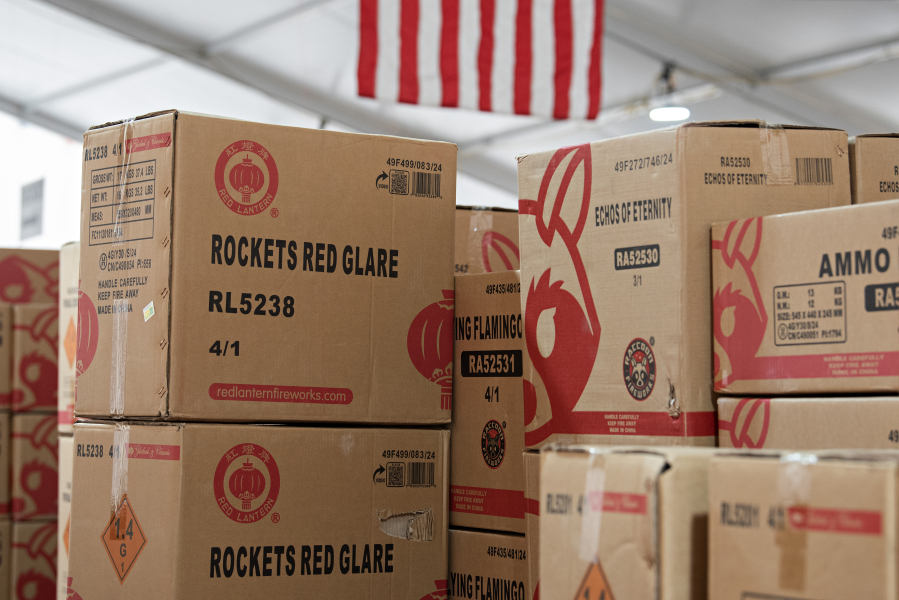Dynamite Fireworks in Hazel Dell has stocked hundreds of boxes of fireworks. (Amanda Cowan/The Columbian)