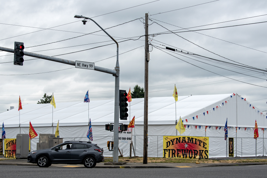 Dynamite Fireworks in Hazel Dell prepares for fireworks sales in Clark County — except in Vancouver city limits — to begin today. (Amanda Cowan/The Columbian)