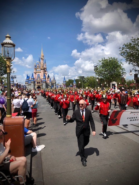 Richard Mancini leads the Camas High School marching band at Disney World in April 2025. (Courtesy of Richard Mancini) 