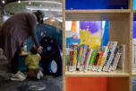 Library books for young readers are seen on display as families explore the children&rsquo;s play area at Vancouver Community Library on March 20. (Amanda Cowan/The Columbian)