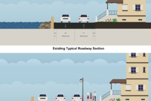An illustration shows the current configuration of Shepherd Road in Washougal, top, and plans to widen the road and allow for a shared-use pedestrian-bicyclist path, bottom. (City of Washougal)