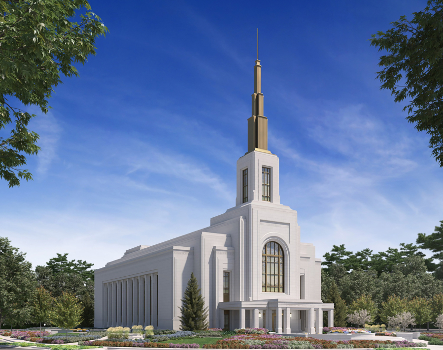 A rendering of The Church of Jesus Christ of Latter-Day Saints’ Vancouver Washington Temple, currently being built in Camas. (James Rexroad/for The Columbian)