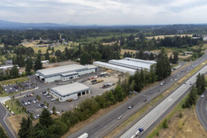 An industrial park sits along Interstate 5  in Ridgefield. The Discovery Corridor, first designated in 1999, continues to grow slowly. (Taylor Balkom/The Columbian)