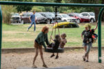 Meghan Sciascia of Vancouver, from left in green, enjoys playtime at Heritage Park with her daughter, Paloma, 4, as well as Ricky Thayer-Daughtery, 5, of Camas and his mom, Faith, on July 31. The city of Camas is partnering with a crowd-tracking company to get an accurate count of parks visitors. (Photos by Amanda Cowan/The Columbian)