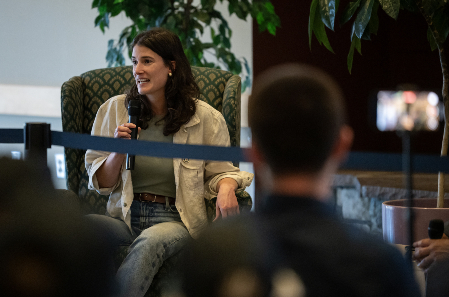 Rep. Marie Gluesenkamp Perez, D-Skamania, answers a question Wednesday at a town hall at the Battle Ground Event Center. (Taylor Balkom/The Columbian)
