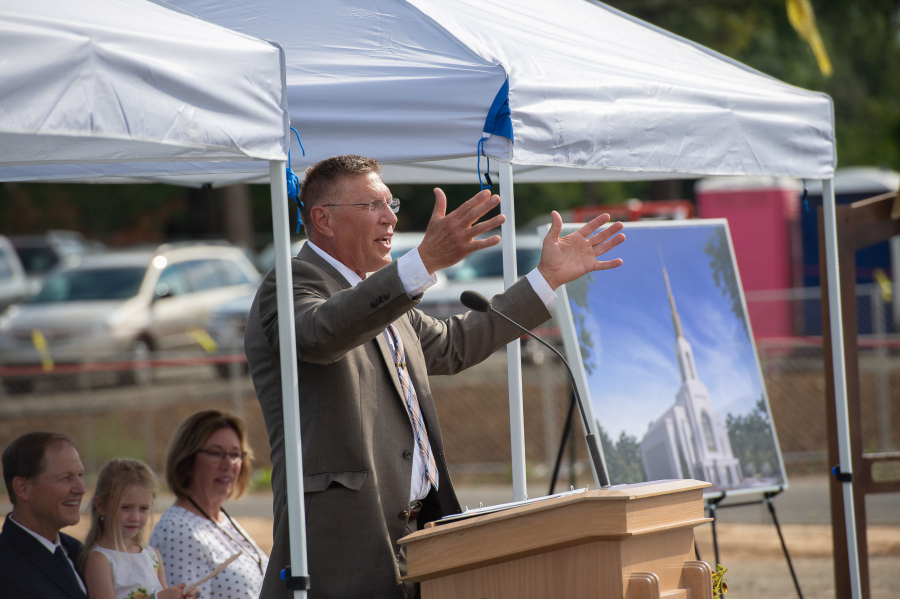 Verne May, former president of the Vancouver Washington East Stake, addresses the crowd at The Church of Jesus Christ of Latter-day Saints’ temple groundbreaking ceremony in Camas. (James Rexroad for The Columbian)