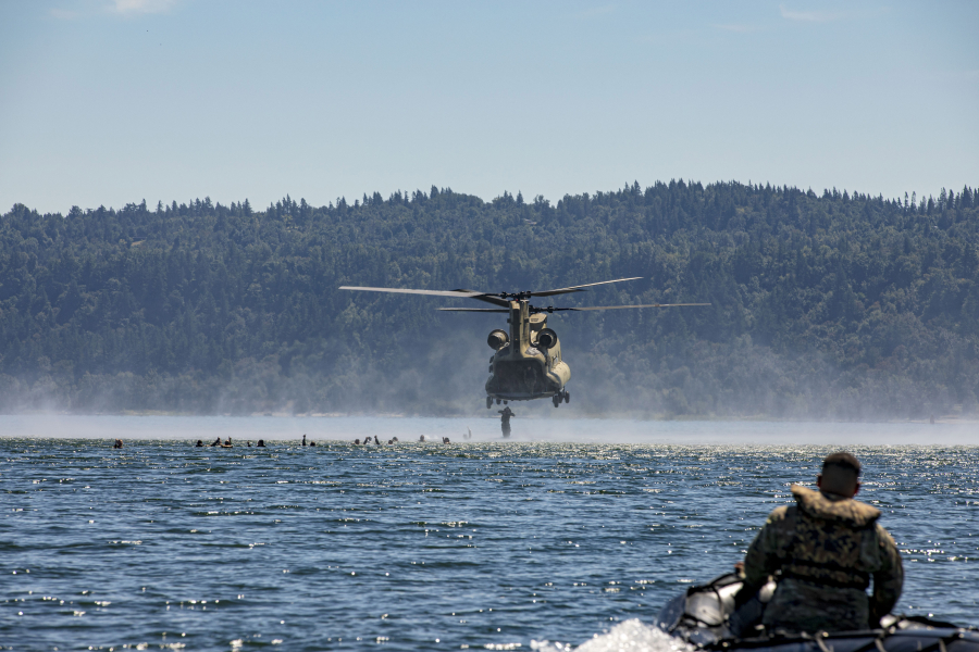 Members of the Washington Army National Guard, Oregon National Guard and U.S. Army Reserve participated in helocast training on the Columbia River in Troutdale, Ore., on Aug. 8. (Contributed by Sgt. 1st Class Nicolas A. Cloward)