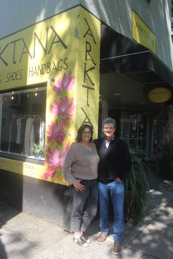 Arktana owners Ann and Bill Matthews stand in front of the women&rsquo;s boutique in downtown Camas on Friday. (Doug Flanagan/The Columbian)