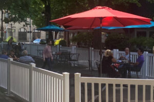 Diners eat at a parklet at Mesa in downtown Camas in 2020. (Kelly Moyer/The Columbian files)