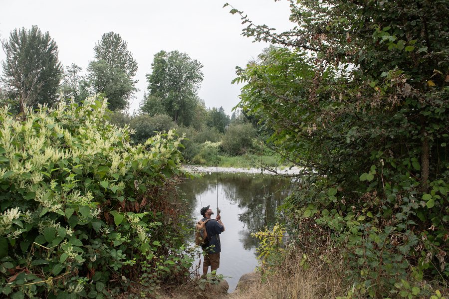 Troy Knight of Washougal hopes for a bite while fishing along the Washougal River on Friday morning. The city of Washougal&rsquo;s upcoming Schmid Family Park project will transform the 17.8-acre green space along the Washougal River. (Photos by Amanda Cowan/The Columbian)