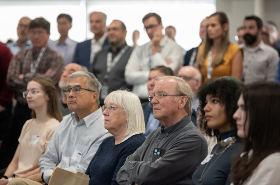 U.S. Sen. Patty Murray, D-Wash., center, joins Camas-based nLIGHT Monday as it celebrates 25 years in business. (Amanda Cowan/The Columbian)