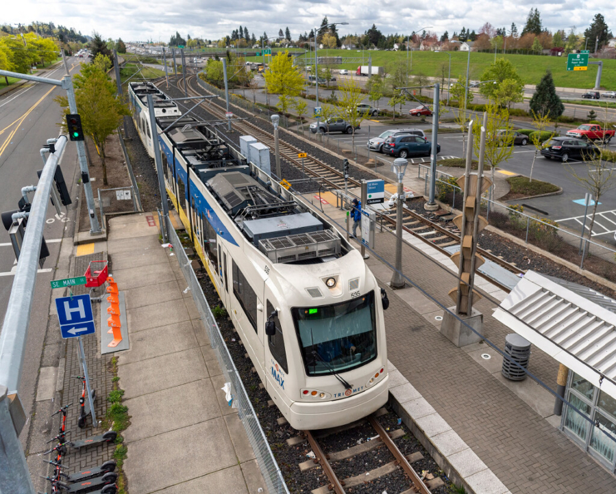 A MAX Green Line train pulls into the Southeast Main Street stop near Mall 205 in Portland in 2022. Proposals call for the Yellow Line to extend to Clark County. (Taylor Balkom/The Columbian files)