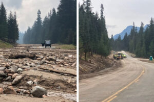 Before, left, and after photos show a mudslide and cleanup on state Route 20 following an Aug. 11 mudslide. Washington transportation officials say a lack of funding means dollars intended for preservation and maintenance are the ones diverted to deal with emergency situations. (Washington State Department of Transportation)