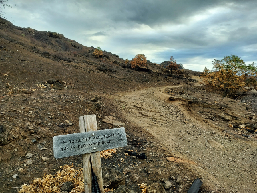 The Coyote Wall trailhead marker survived this summer’s Burdoin Fire.