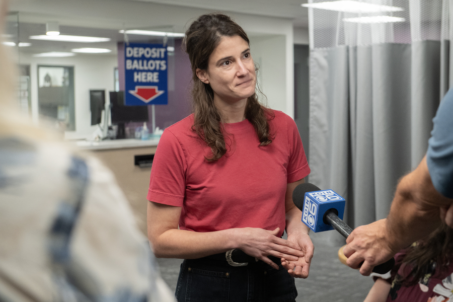 U.S. Rep. Marie Gluesenkamp Perez,D-Skamania, talks to the media after touring the elections office in downtown Vancouver on Sept. 24.