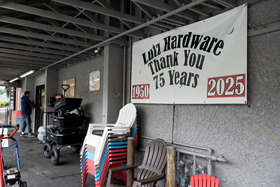 A sign outside Lutz Hardware thanks customers for their loyalty in Camas. Lutz Hardware is celebrating its 75th anniversary this year. (Amanda Cowan/The Columbian)