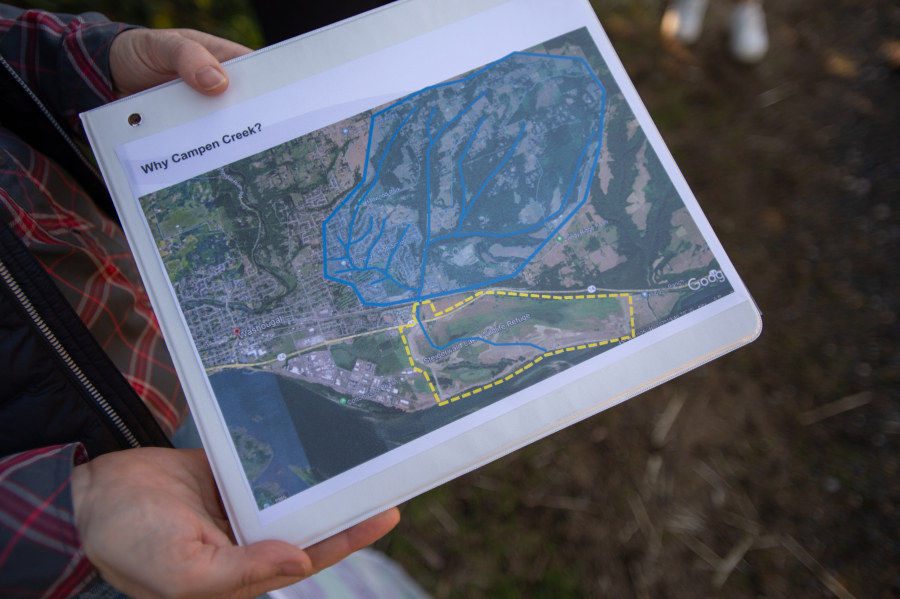 Details of Lower Columbia Estuary Partnership and the city of Washougal’s work to reconnect Campen Creek and Mable Kerr Park are highlighted on a project map. The park recently reopened after closing in August to allow crews and heavy machinery to work in the area. (photos by James Rexroad/for The Columbian)