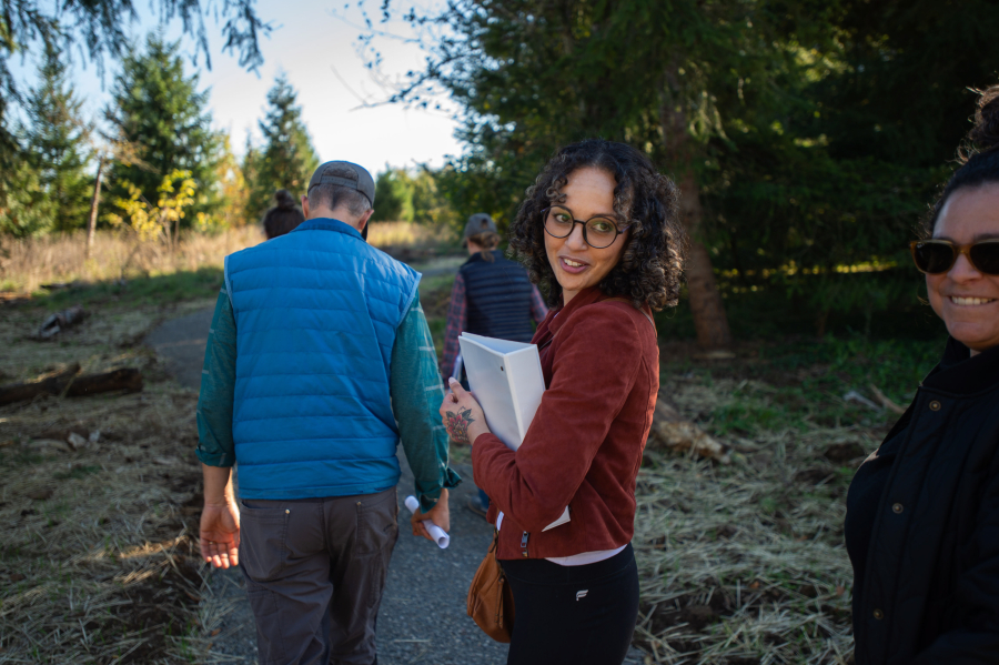 Corinthia Barnhart, program manager for Washougal’s parks and cemetery department, talks about the work at Mable Kerr Park over the summer. Now open, the park was closed in August to allow the city and Lower Columbia Estuary Partnership to work on restoring floodplain salong Campen Creek. (James Rexroad/for The Columbian)