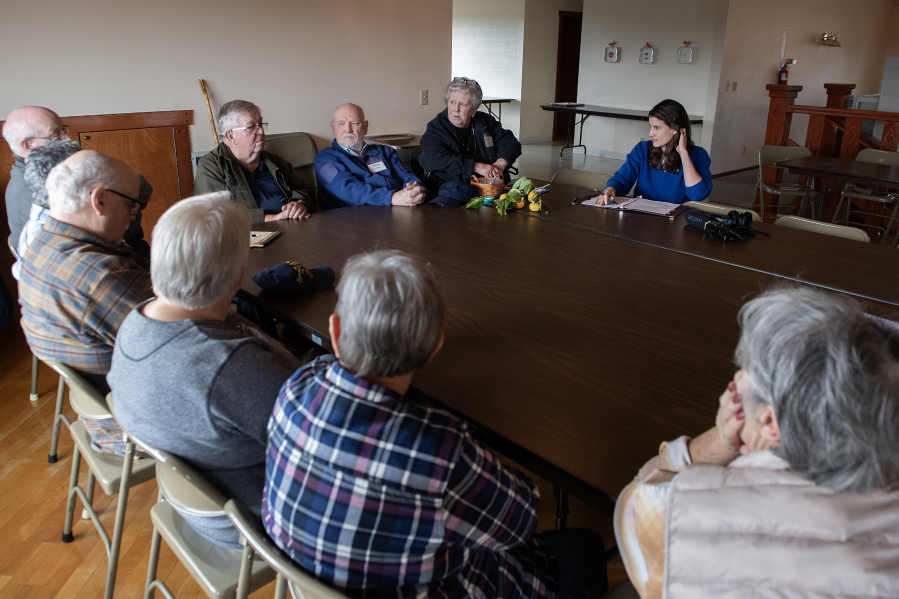 Rep. Marie Gluesenkamp Perez, D-Skamania, meets with residents of the Vista Del Rio mobile home park in Vancouver on Oct. 22. Residents of the park expressed their fears of their homes being sold out from under them. (Photos by Amanda Cowan/The Columbian)