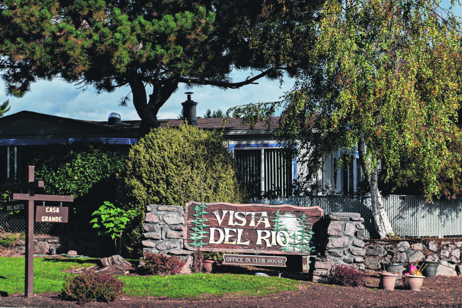 A sign is seen at the entrance to Vista Del Rio mobile home park in Vancouver on Wednesday afternoon. The park has been up for sale for $41 million since April 2024.