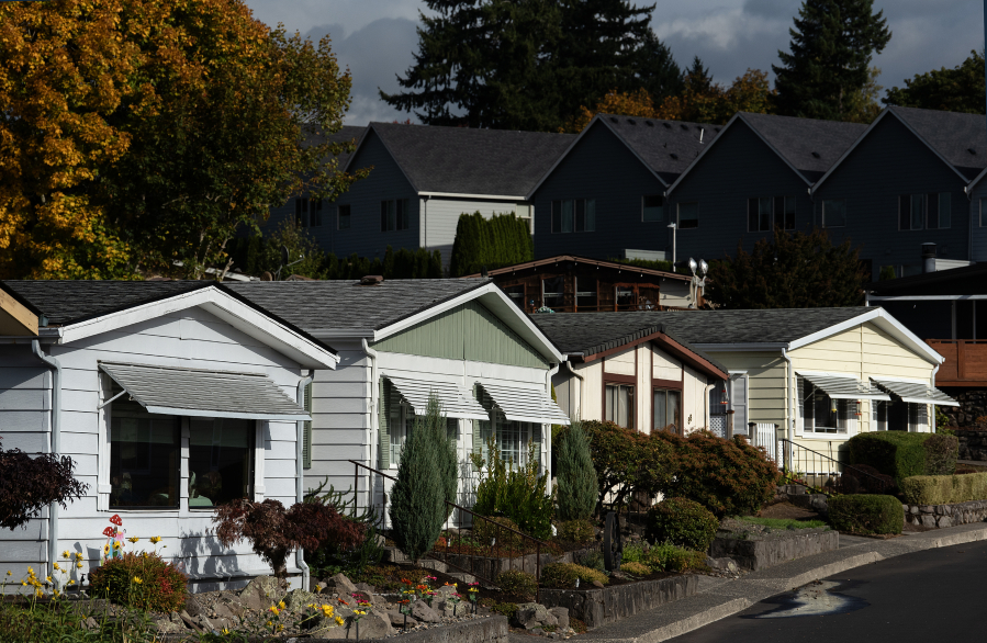 Afternoon light illuminates units at the Vista Del Rio mobile home park in Vancouver on Wednesday.