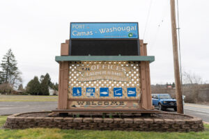 A sign stands outside the Port of Camas-Washougal’s administrative office in Washougal on Feb. 18. (Taylor Balkom/The Columbian files)