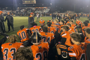 Washougal coach Dave Hajek talks to his team following the Panthers’ win over Columbia River in a 2A Greater St. Helens League football game on Friday, Oct. 24, 2025, at Fishback Stadium. (Will Denner/The Columbian)