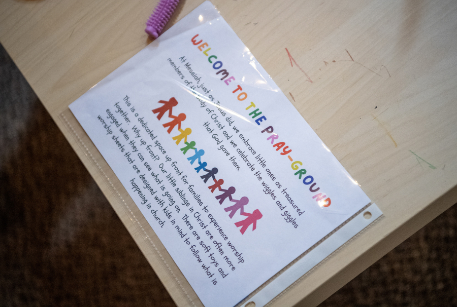 A sign introduces the Pray-Ground activity area Sept. 8 at Messiah Lutheran Church. The Pray-Ground has sensory toys, a dedicated space for kids and families to be together during worship. (Taylor Balkom/The Columbian)