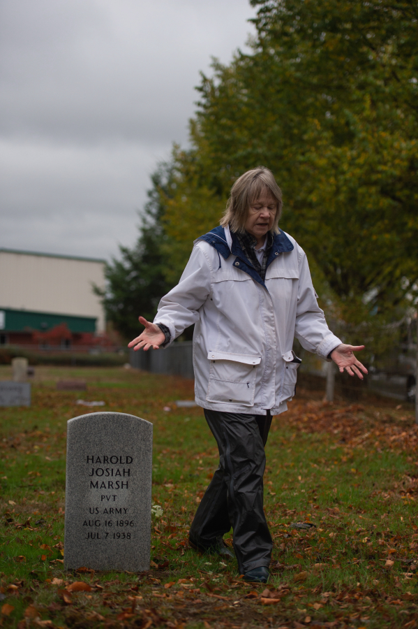 Fort Vancouver chapter of the Daughters of the American Revolution&rsquo;s cemetery committee member  Janet Critchfield never knew U.S. Army Pvt. Harold J. Marsh, but she worked to research the details of his life and get a proper military headstone installed for him at Brush Prairie Cemetery &mdash; almost 90 years after his death. (James Rexroad/for The Columbian)