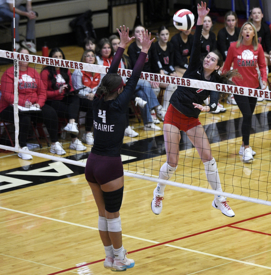 Lillian Zarzana (7) of Camas attempts a kill during a non-league volleyball match against Prairie on Tuesday, Oct. 28, 2025 at Camas High School. (Micah Rice/THe Columbian)