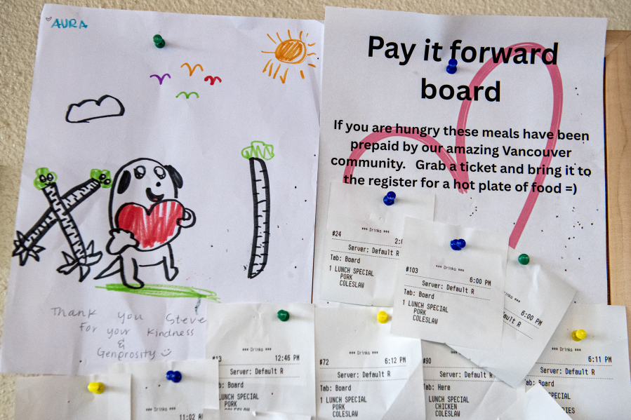 Tickets for prepaid meals on a &ldquo;Pay It Forward Board&rdquo; are available for those in need at Creekside Barbecue. (Amanda Cowan/The Columbian)
