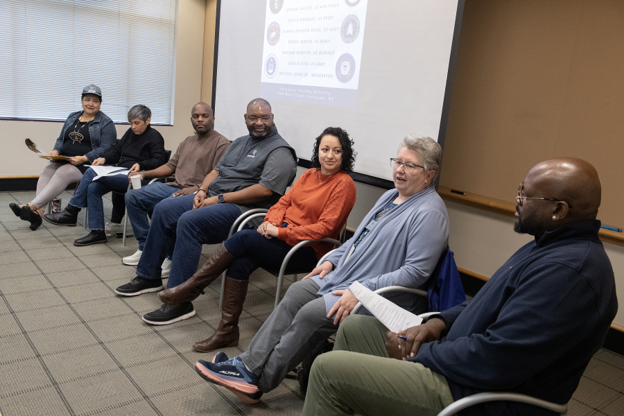 Veterans from all walks of life share stories and discuss how being a veteran helped shape their lives during a panel discussion Monday. (Amanda Cowan/The Columbian)
