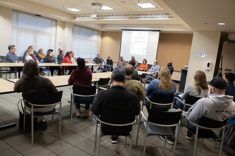The Vancouver Housing Authority and the Clark College Veterans Center of Excellence hosted a panel Monday featuring six veterans who spoke about how their service has shaped their lives and how their call to serve hasn&rsquo;t left them; it has just taken a different form. (Amanda Cowan/The Columbian)