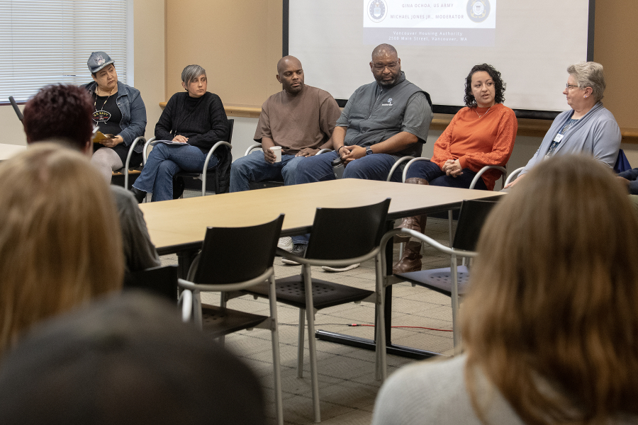 The Vancouver Housing Authority and the Clark College Veterans Center of Excellence hosted a panel Monday. The panelists spoke about the challenges of transitioning to civilian life and how the community can support veterans. (Photos by Amanda Cowan/The Columbian)
