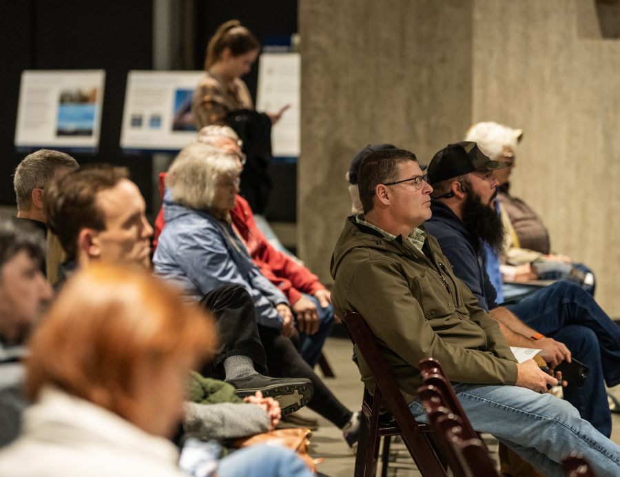 Audience members listen to a presentation Monday at Black Pearl on the Columbia in Washougal during a public meeting about the Cascade Renewable Transmission Project. (Taylor Balkom/The Columbian)