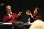 During a Monday public meeting at Black Pearl on the Columbia in Washougal, PowerBridge Senior Vice President Chris Hocker, left, speaks while manager Susan Brown holds up a cross section of a cable to be used in the proposed Cascade Renewable Transmission Project. (Taylor Balkom/The Columbian)