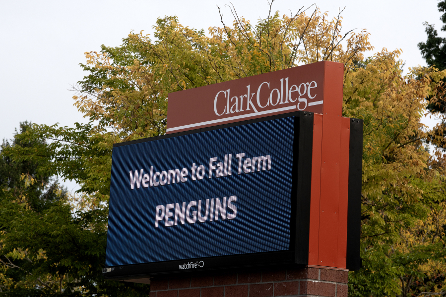 A sign in front of the school welcomes students during Clark College&rsquo;s first day of fall classes on the morning of Sept. 22. The school has been named one of the top 200 community colleges in the United States. (Amanda Cowan/The Columbian files)