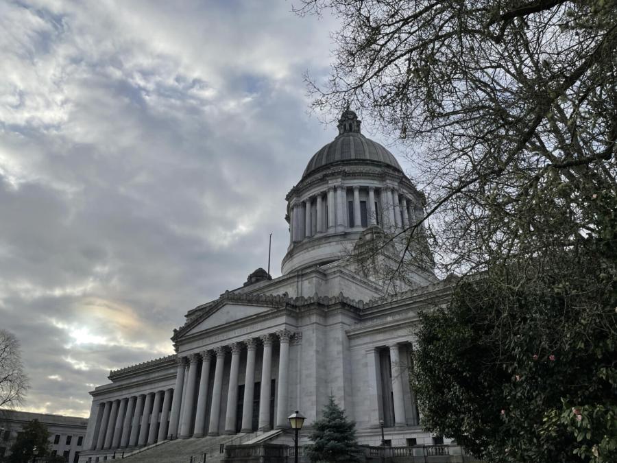 Washington state Capitol on March 7, 2024. Democratic state senators are eyeing an income tax on millionaires as they seek to overcome Washington&rsquo;s persisting budget shortfall. But there would be huddles to get the tax passed. (Jerry Cornfield/Washington State Standard)