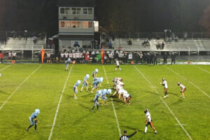 Washougal (in white) sets up for an offensive play against Hockinson in the 2A Greater St. Helens League regular-season finale on Friday, Oct. 31, 2025, at Hockinson. Washougal won the game 21-0. (Jeff Klein/The Columbian)