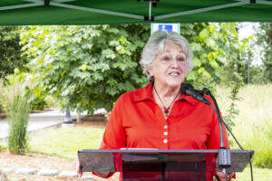 Washougal Mayor Molly Coston speaks during a ribbon-cutting for the city of Washougal’s Community Garden on March 25, 2021. (Contributed by the city of Washougal)