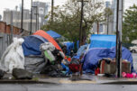 Tents line West 12th Street in downtown Vancouver in May. (Amanda Cowan/The Columbian files)