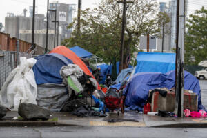 Tents line West 12th Street in downtown Vancouver in May. (Amanda Cowan/The Columbian files)