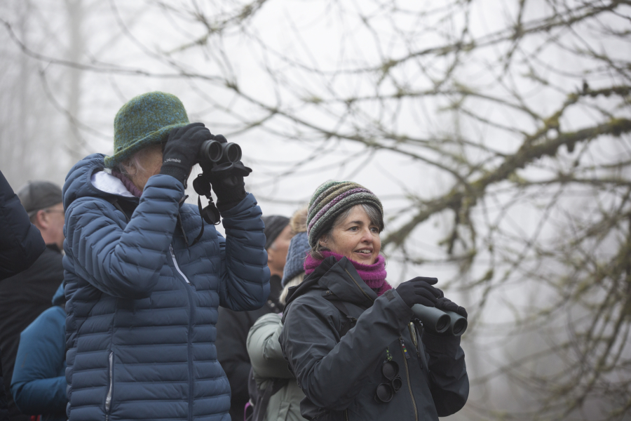Wil Niosi of Camas, left, takes a closer look at a bird through her binoculars as Cindy McCormack leads a Vancouver Audubon group on a bird walk at Salmon Creek greenway in February. Vancouver Audubon is celebrating its 50th anniversary in December. (The Columbian files)