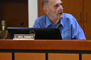 Clark Regional Wastewater District Board of Commissioners Vice President Neil Kimsey discusses district business at the Nov. 25 board meeting. Kimsey is stepping down from the board after serving for 30 years. (Taylor Balkom/The Columbian)