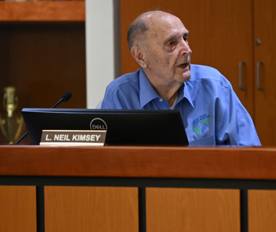 Clark Regional Wastewater District Board of Commissioners Vice President Neil Kimsey discusses district business at the Nov. 25 board meeting. Kimsey is stepping down from the board after serving for 30 years. (Taylor Balkom/The Columbian)