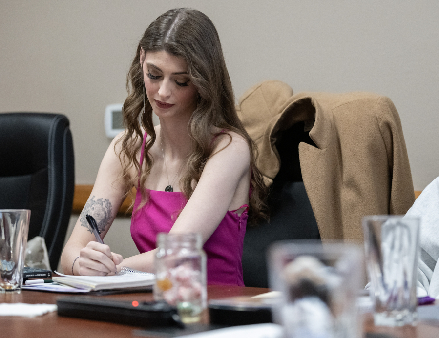 May Dearing, Miss Clark County 2026, attends a National Women&rsquo;s Coalition Against Violence & Exploitation workshop on Tuesday at The Heathman Lodge in Vancouver. Dearing has taken on human trafficking awareness advocacy as her community service initiative. (Taylor Balkom/The Columbian)
